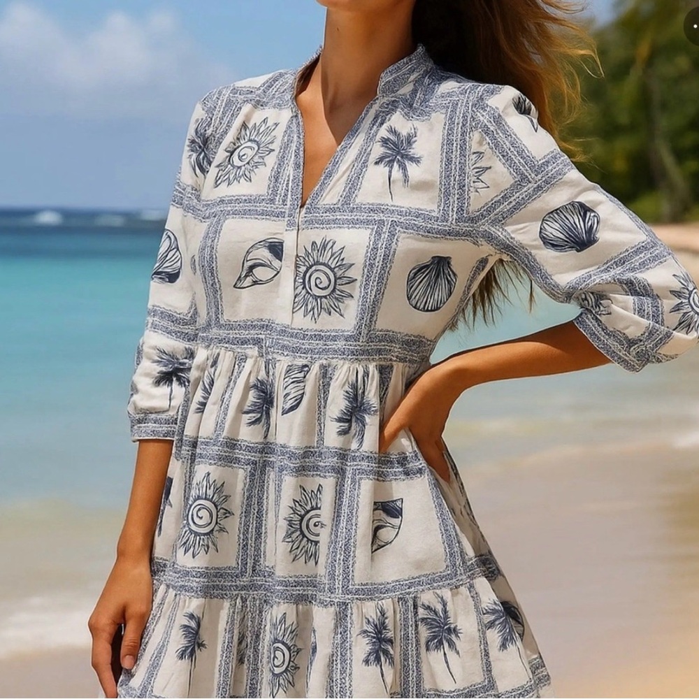 Calypso St Barth Seashell Blue and White Tile Patterned Dress - Picture 3 of 15